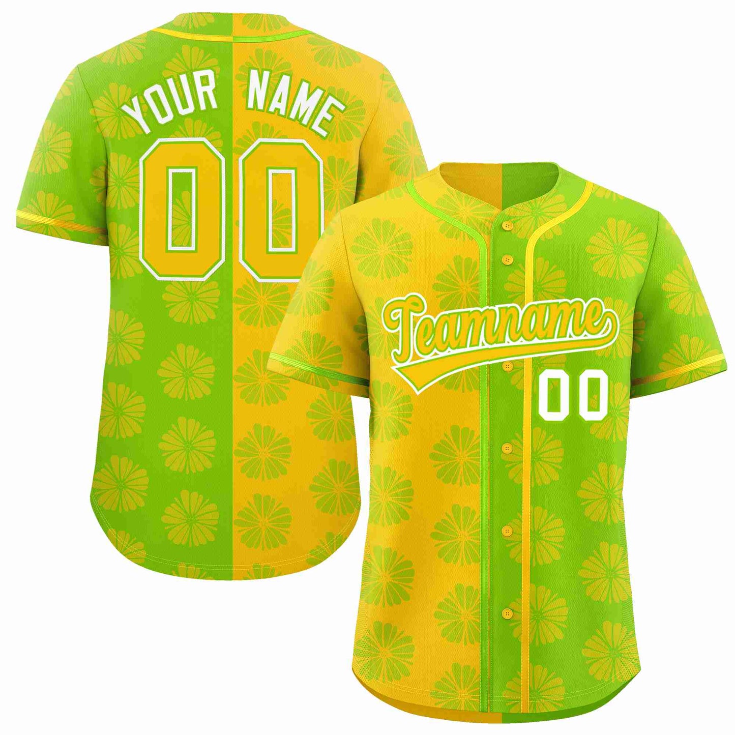 Custom Gold Neon Green Split Fashion Flower Graffiti Pattern Authentic Baseball Jersey