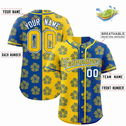 Custom Gold Royal Split Fashion Flower Graffiti Pattern Authentic Baseball Jersey