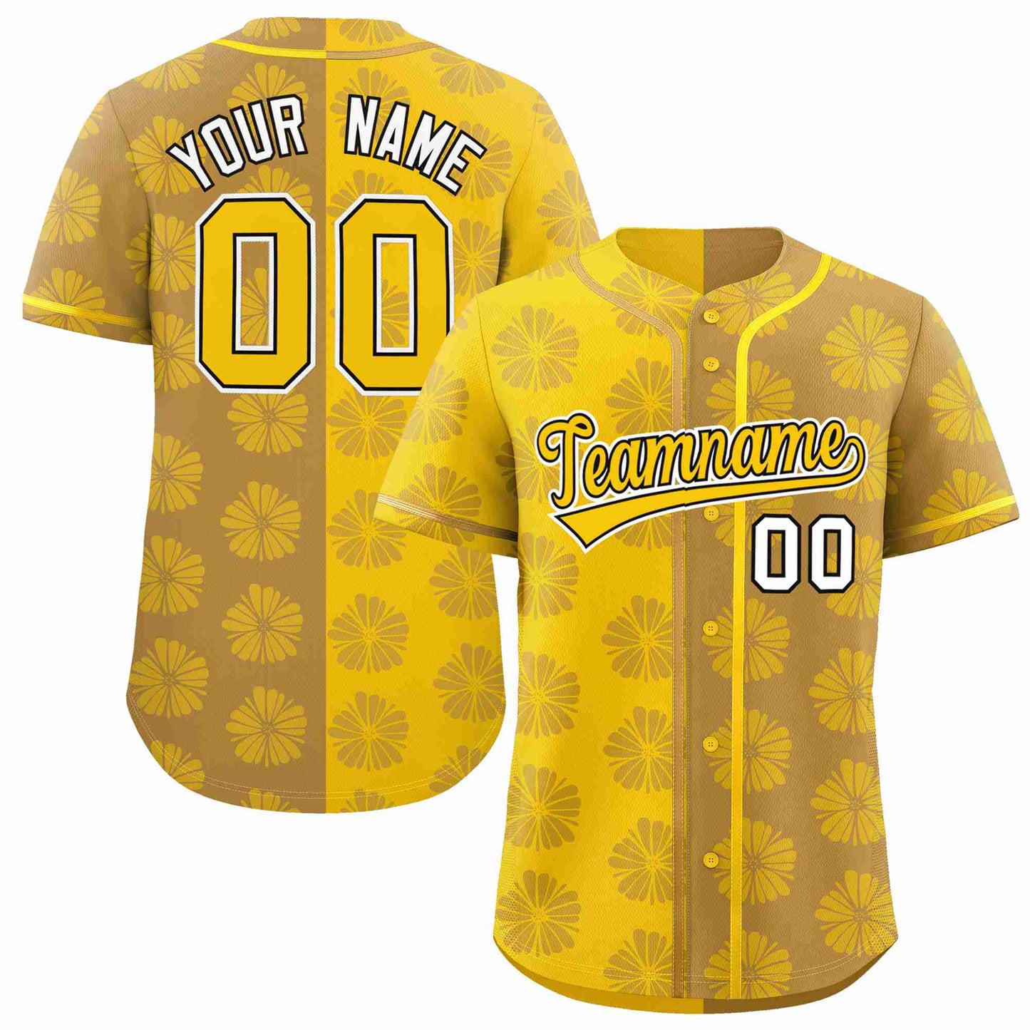 Custom Gold Old Gold Split Fashion Flower Graffiti Pattern Authentic Baseball Jersey