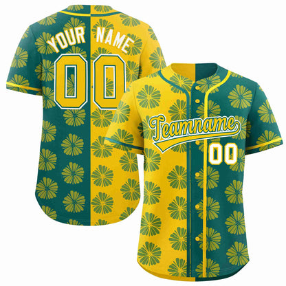 Custom Gold Aqua Split Fashion Flower Graffiti Pattern Authentic Baseball Jersey