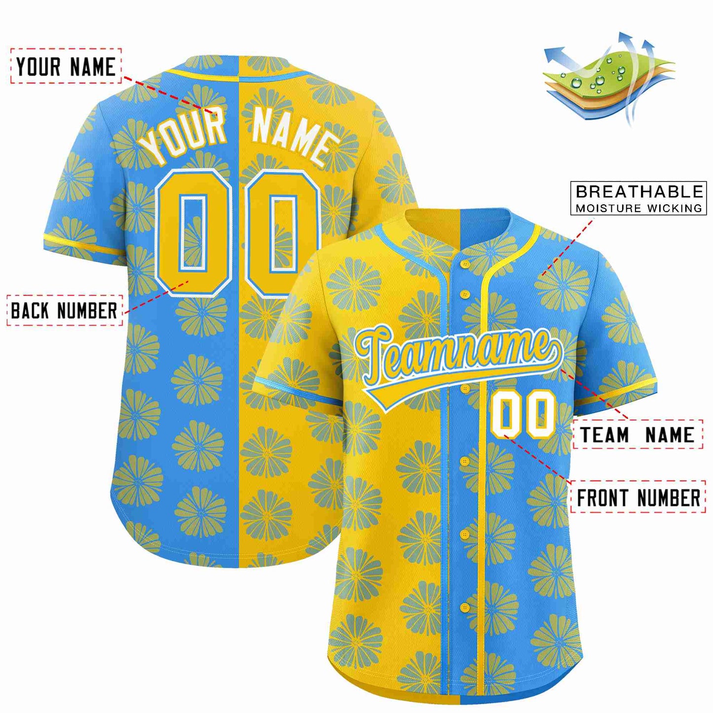 Custom Gold Powder Blue Split Fashion Flower Graffiti Pattern Authentic Baseball Jersey