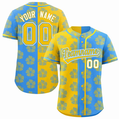 Custom Gold Powder Blue Split Fashion Flower Graffiti Pattern Authentic Baseball Jersey