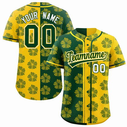 Custom Green Gold Split Fashion Flower Graffiti Pattern Authentic Baseball Jersey