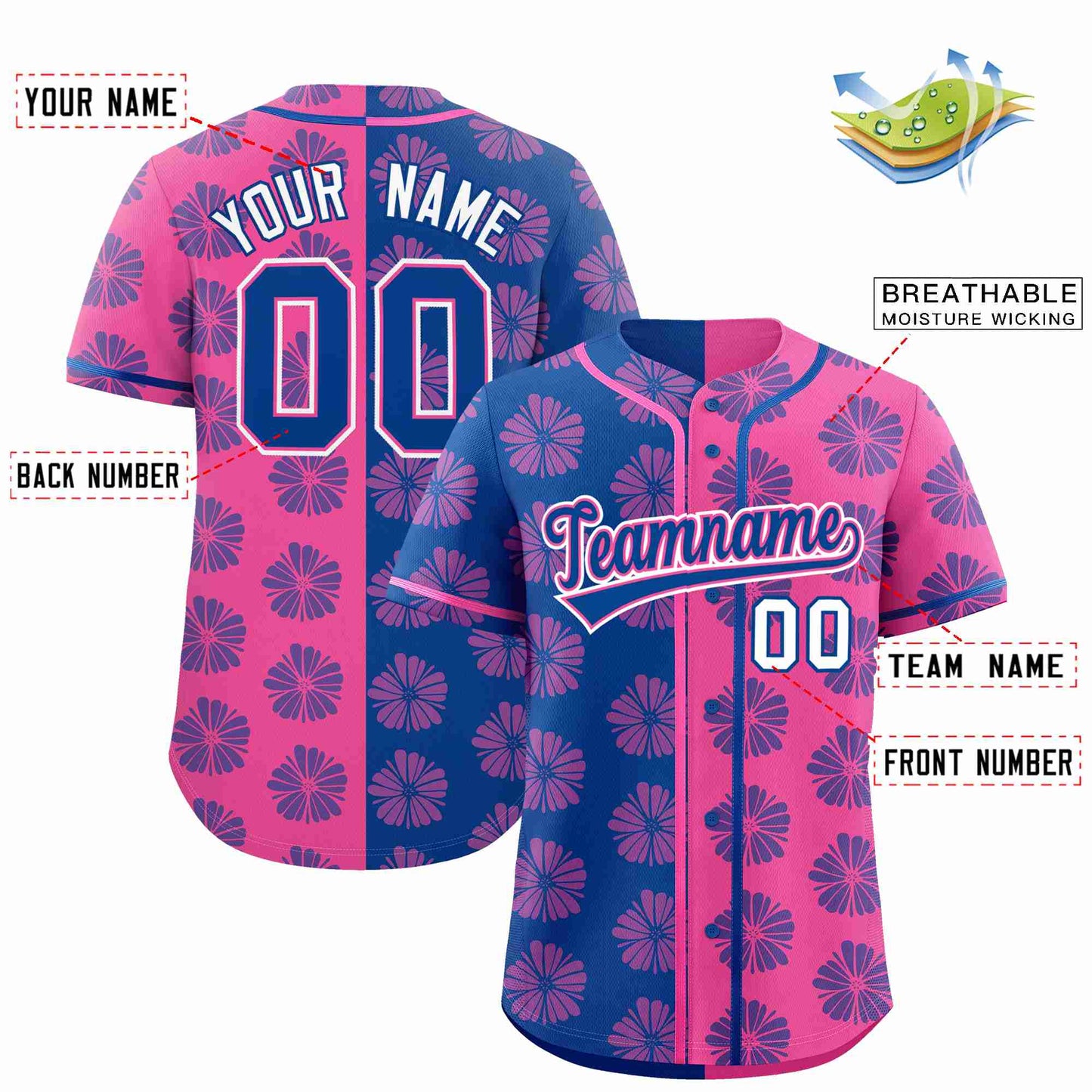 Custom Royal Pink Split Fashion Flower Graffiti Pattern Authentic Baseball Jersey