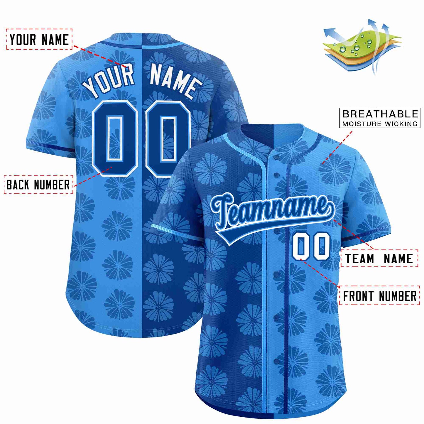 Custom Royal Powder Blue Split Fashion Flower Graffiti Pattern Authentic Baseball Jersey