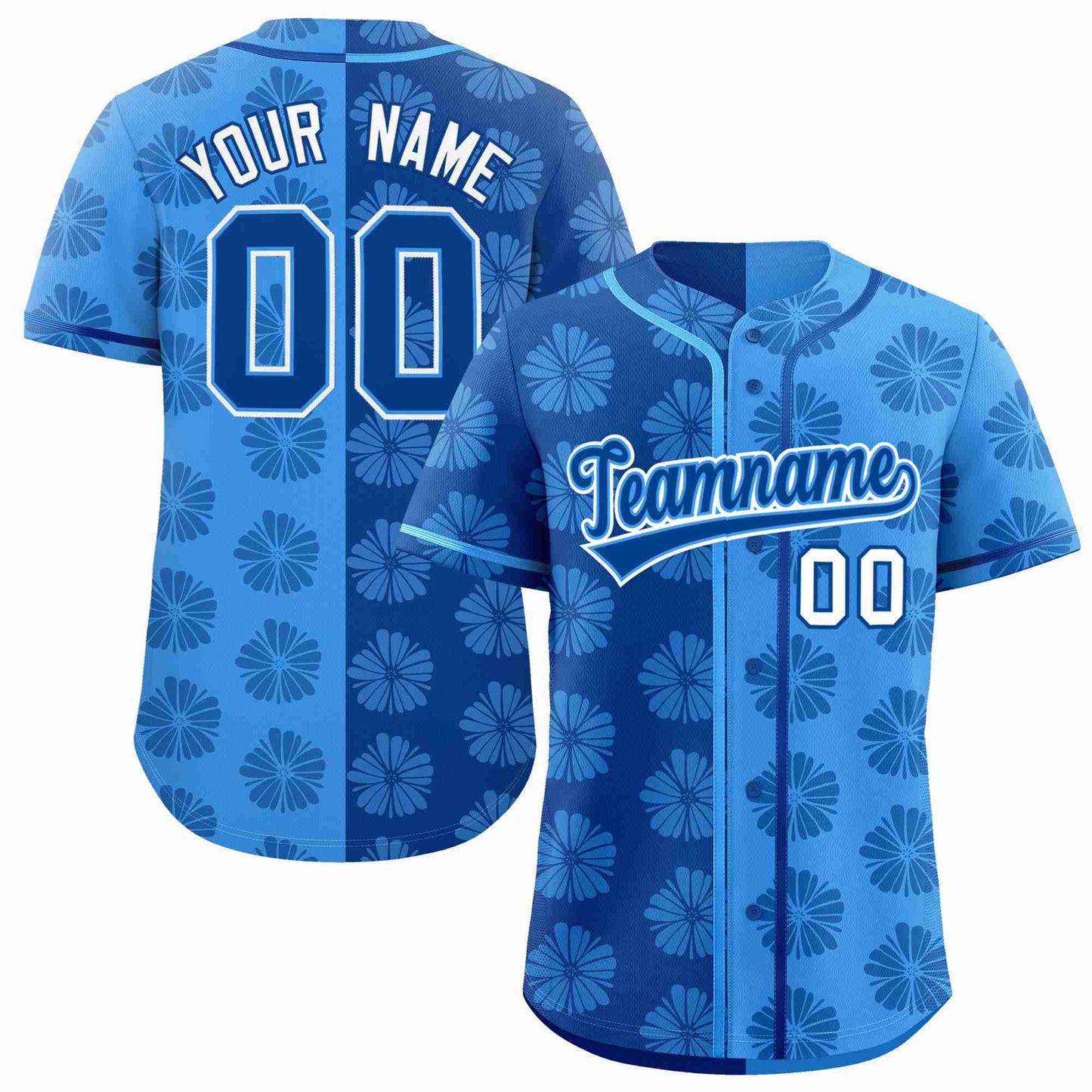 Custom Royal Powder Blue Split Fashion Flower Graffiti Pattern Authentic Baseball Jersey