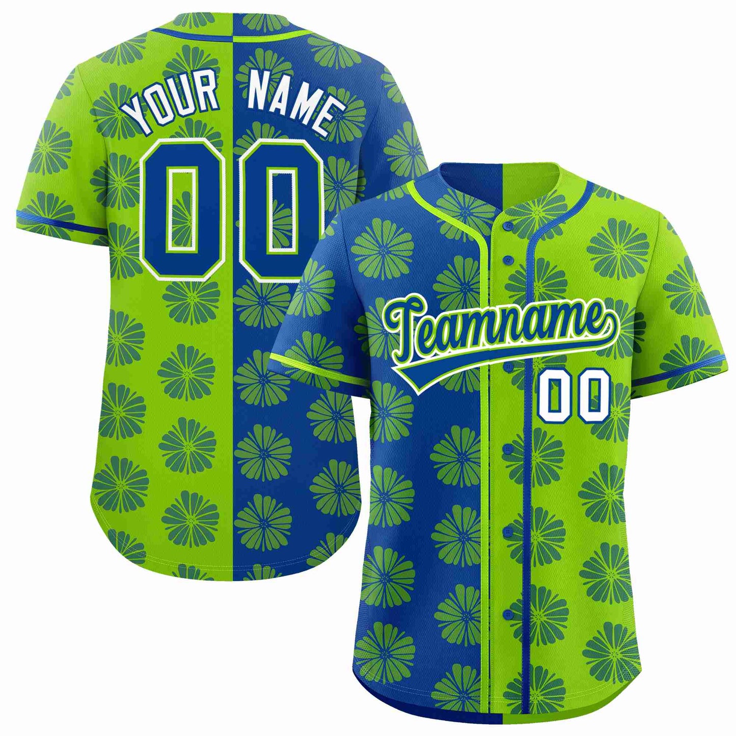 Custom Royal Neon Green Split Fashion Flower Graffiti Pattern Authentic Baseball Jersey