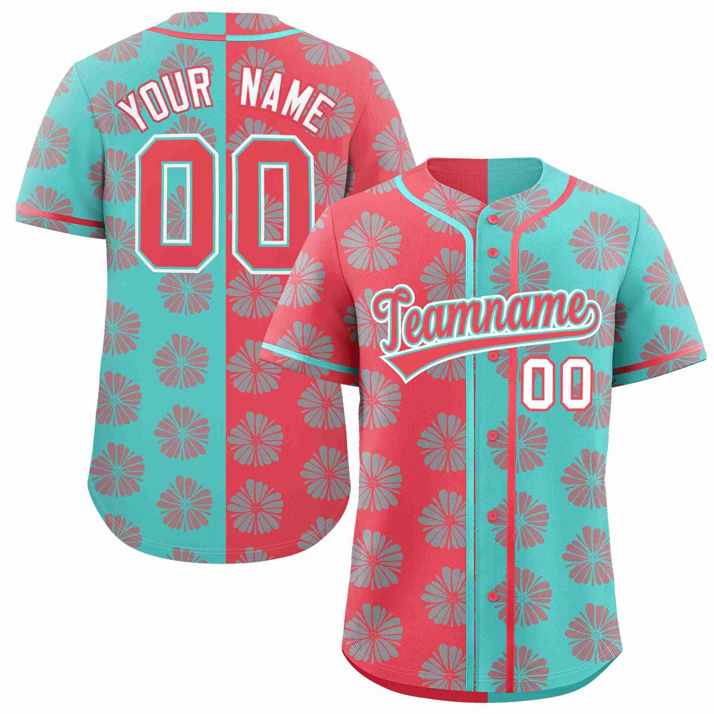 Custom Light Red Aqua Split Fashion Flower Graffiti Pattern Authentic Baseball Jersey