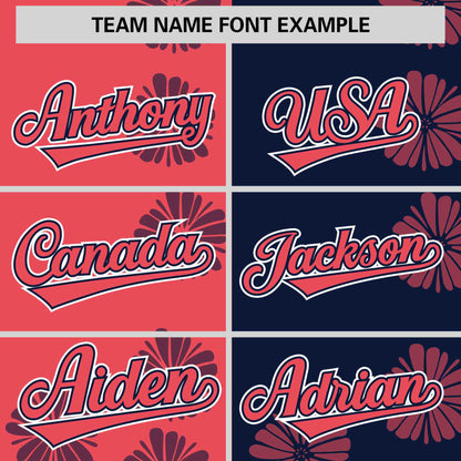 Custom Light Red Navy Split Fashion Flower Graffiti Pattern Authentic Baseball Jersey