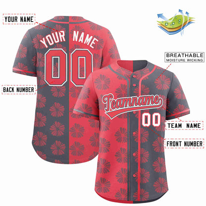 Custom Light Red Dark Gray Split Fashion Flower Graffiti Pattern Authentic Baseball Jersey