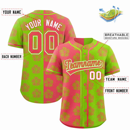 Custom Light Red Neon Green Split Fashion Flower Graffiti Pattern Authentic Baseball Jersey