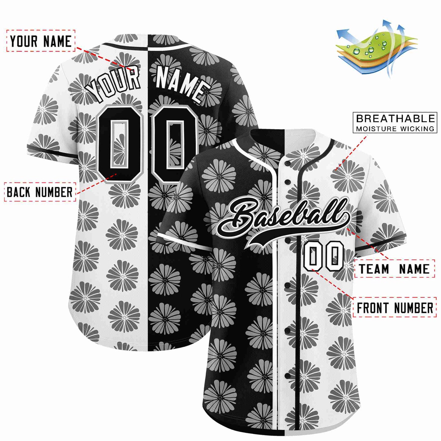 Custom Black White Split Fashion Flower Graffiti Pattern Authentic Baseball Jersey