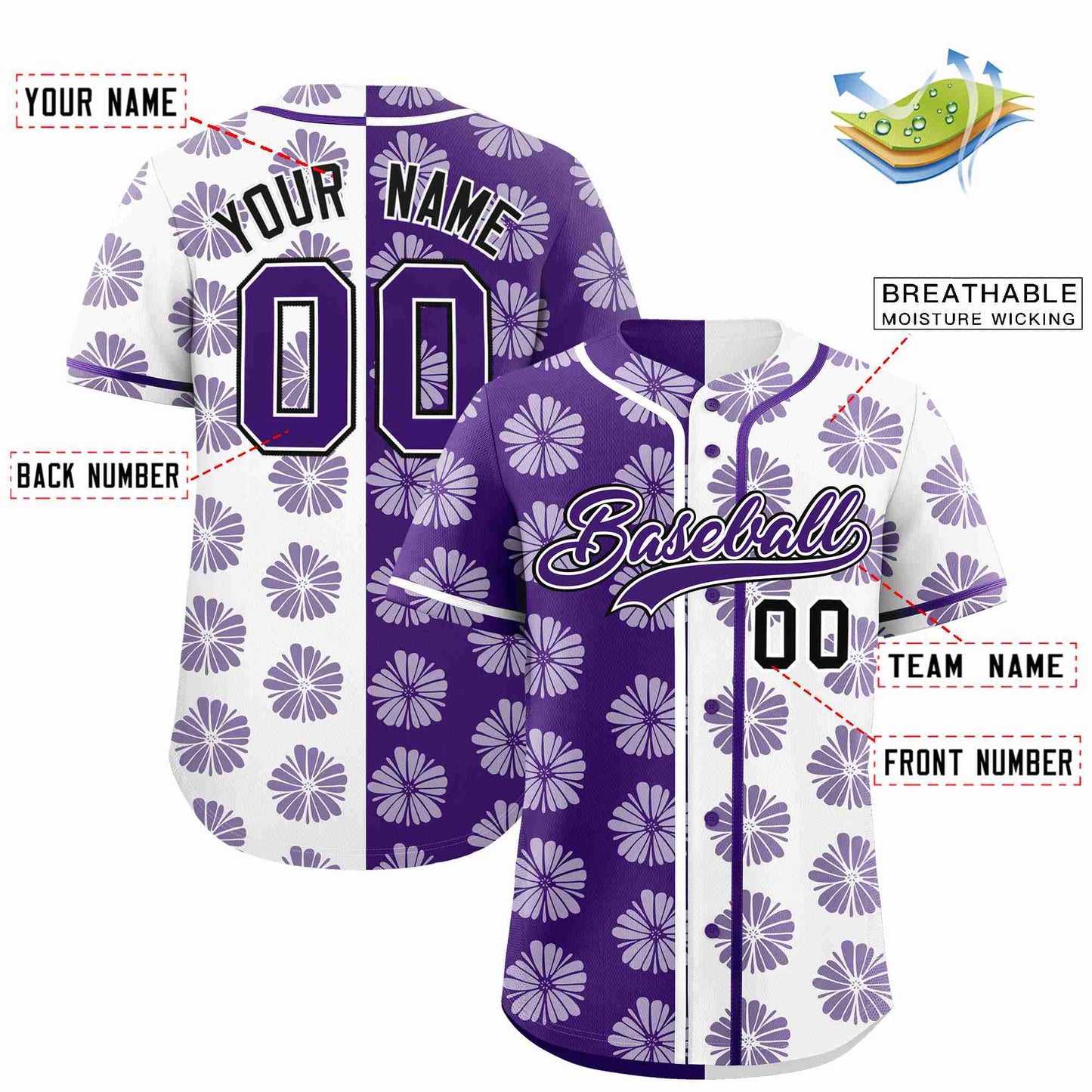 Custom Purple White Split Fashion Flower Graffiti Pattern Authentic Baseball Jersey