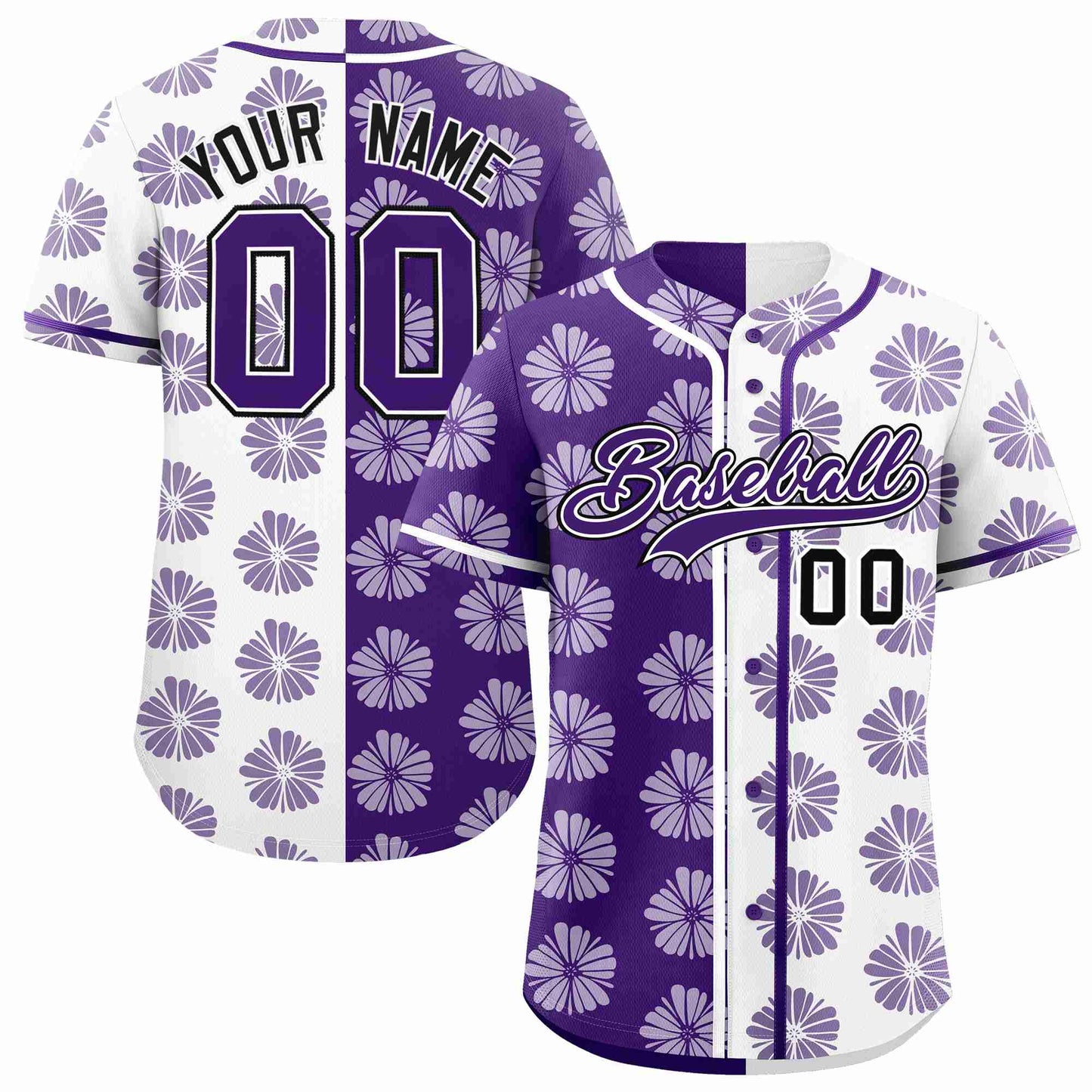 Custom Purple White Split Fashion Flower Graffiti Pattern Authentic Baseball Jersey