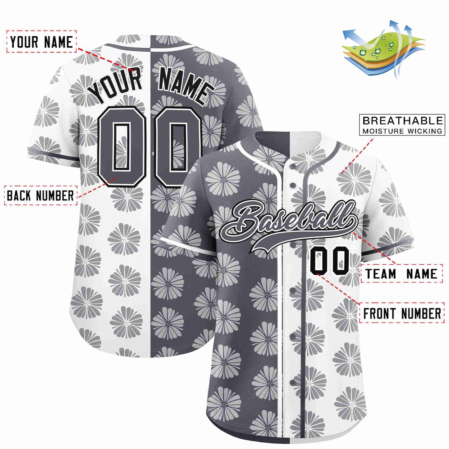 Custom Dark Gray White Split Fashion Flower Graffiti Pattern Authentic Baseball Jersey