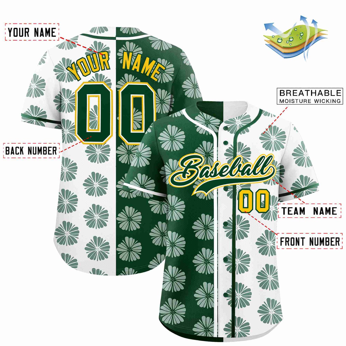 Custom Green White Split Fashion Flower Graffiti Pattern Authentic Baseball Jersey