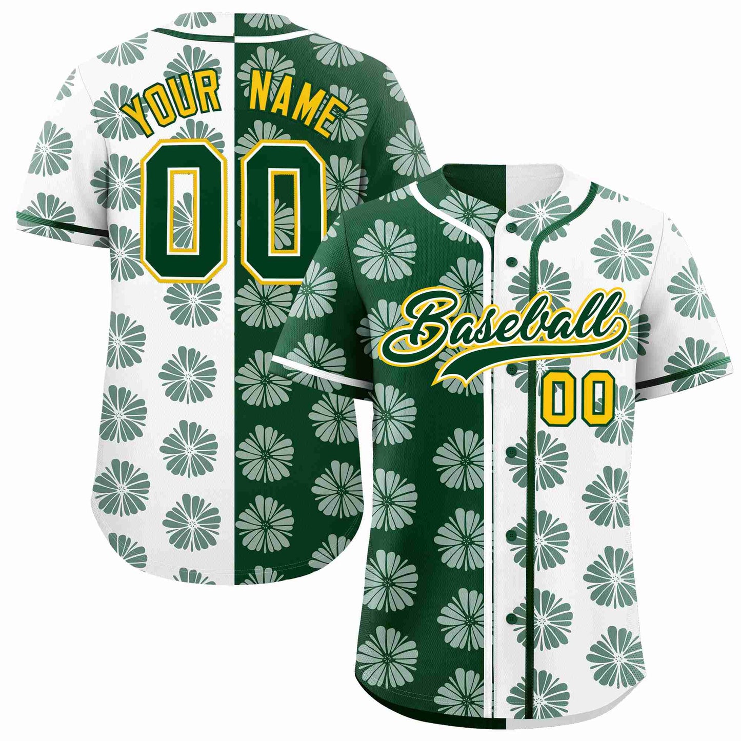 Custom Green White Split Fashion Flower Graffiti Pattern Authentic Baseball Jersey