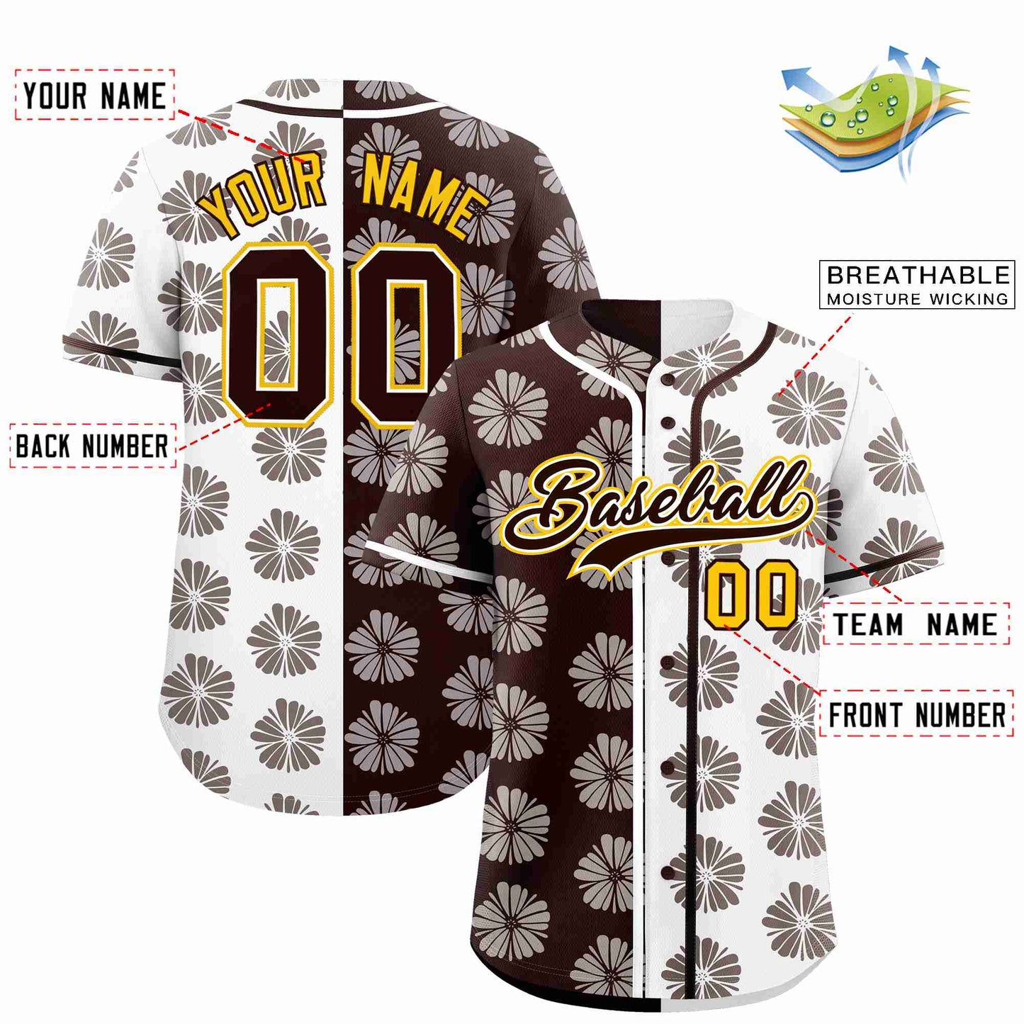 Custom Brown White Split Fashion Flower Graffiti Pattern Authentic Baseball Jersey