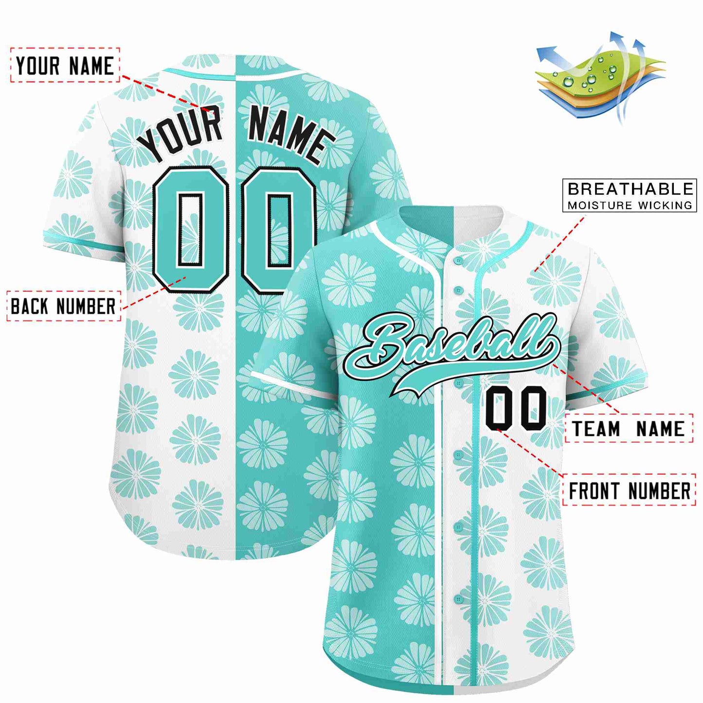 Custom Aqua White Split Fashion Flower Graffiti Pattern Authentic Baseball Jersey