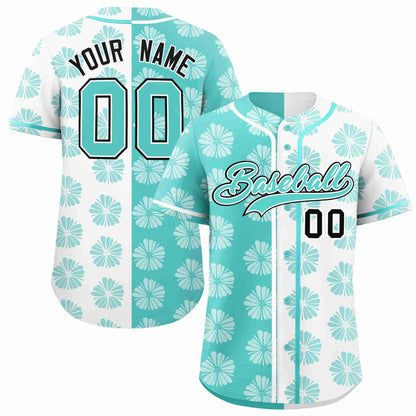 Custom Aqua White Split Fashion Flower Graffiti Pattern Authentic Baseball Jersey