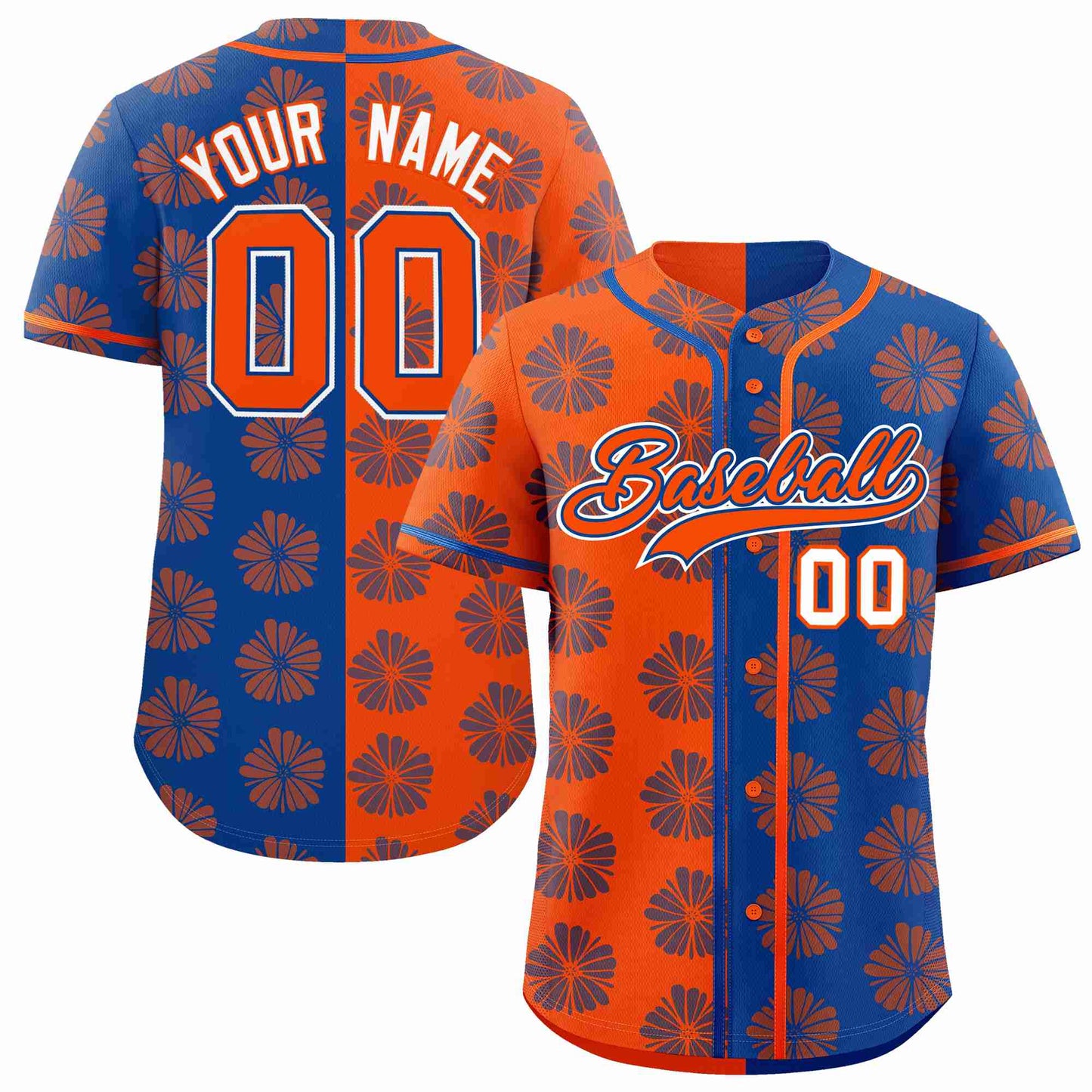 Custom Orange Royal Split Fashion Flower Graffiti Pattern Authentic Baseball Jersey