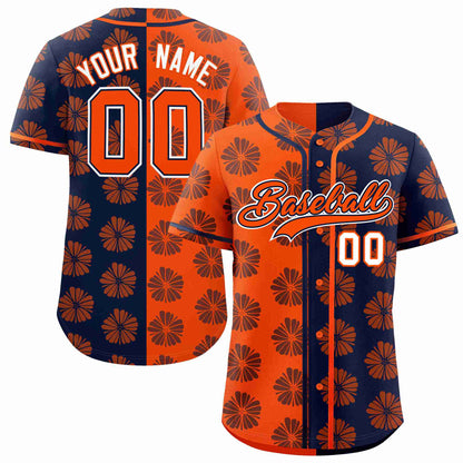 Custom Orange Navy Split Fashion Flower Graffiti Pattern Authentic Baseball Jersey