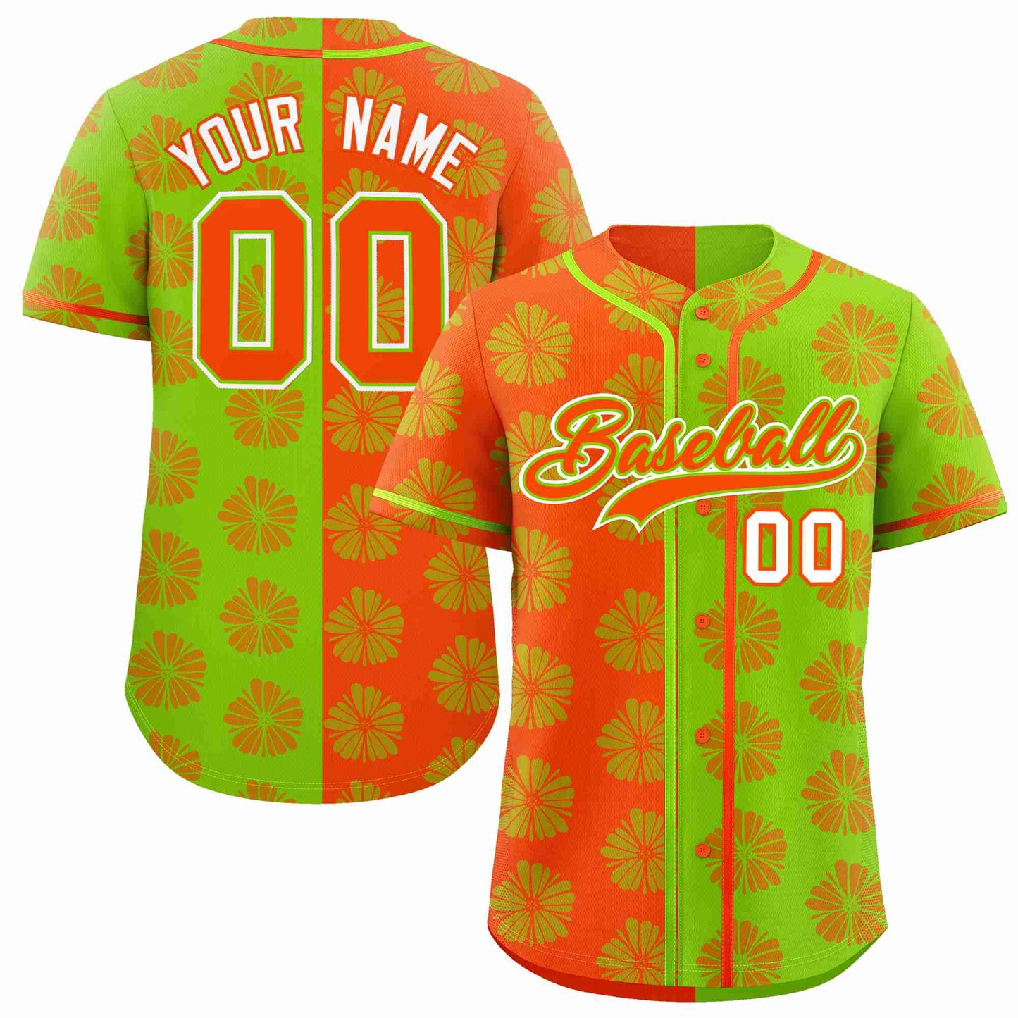 Custom Orange Neon Green Split Fashion Flower Graffiti Pattern Authentic Baseball Jersey