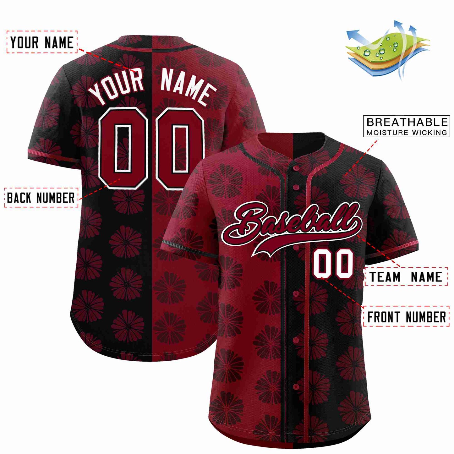 Custom Crimson Black Split Fashion Flower Graffiti Pattern Authentic Baseball Jersey