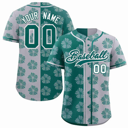 Custom Aqua Light Gray Split Fashion Flower Graffiti Pattern Authentic Baseball Jersey