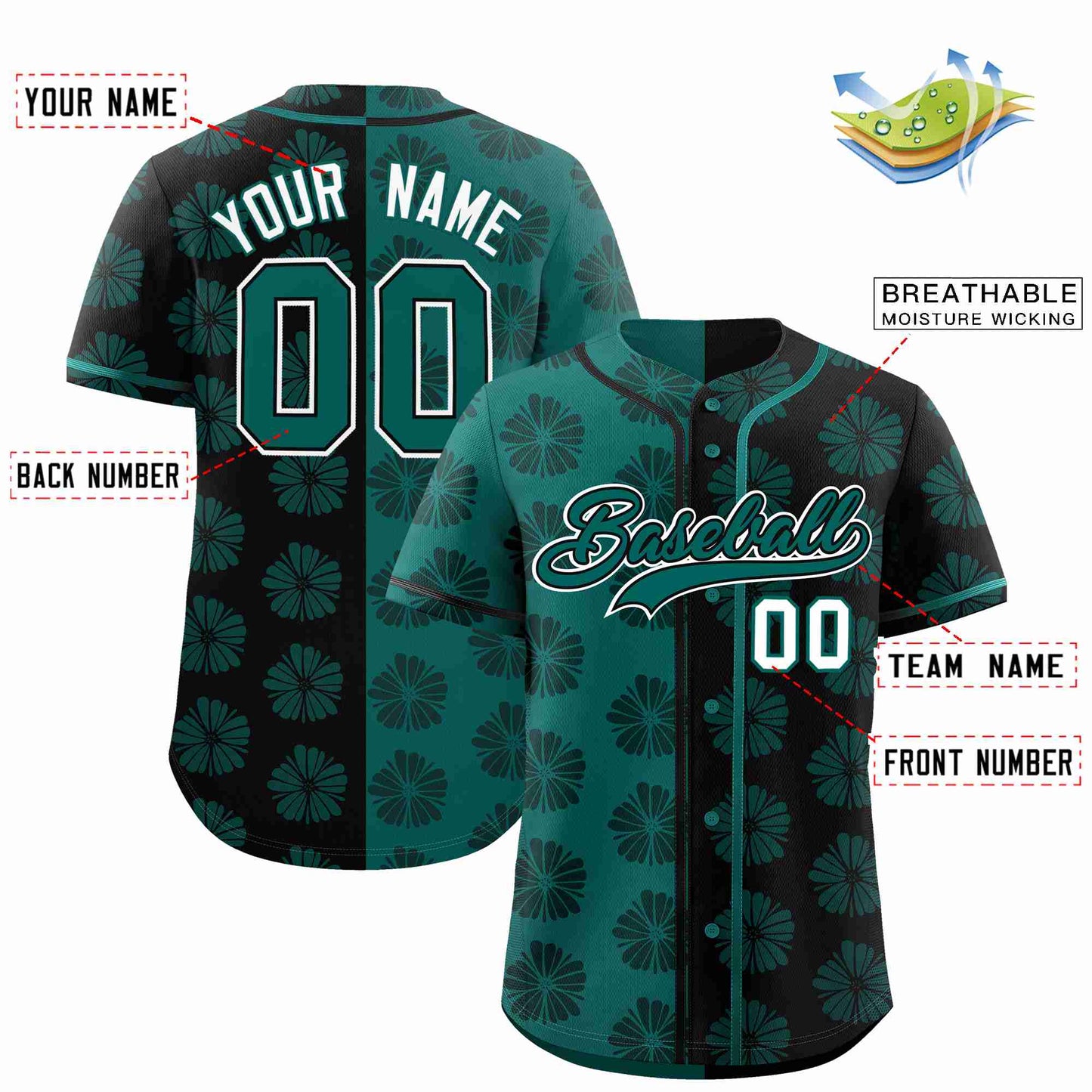 Custom Aqua Black Split Fashion Flower Graffiti Pattern Authentic Baseball Jersey