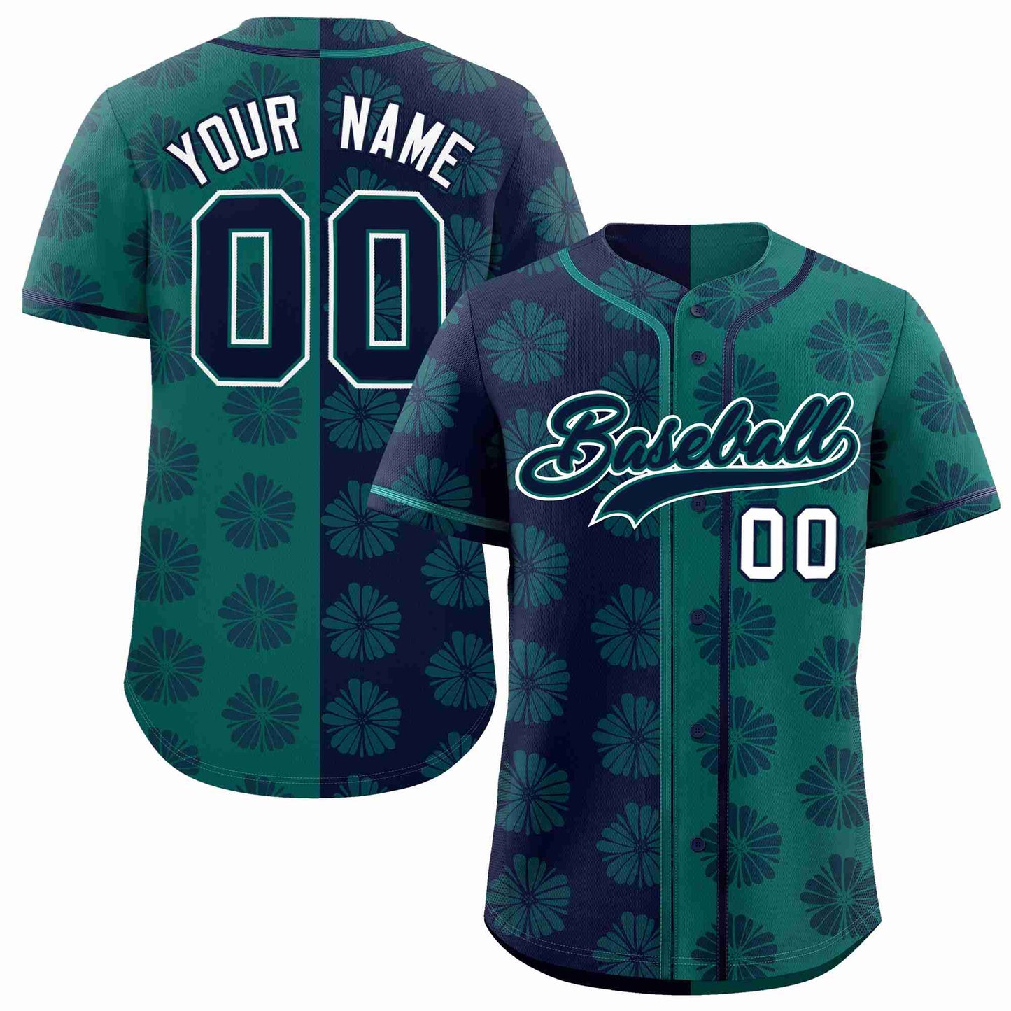 Custom Navy Aqua Split Fashion Flower Graffiti Pattern Authentic Baseball Jersey