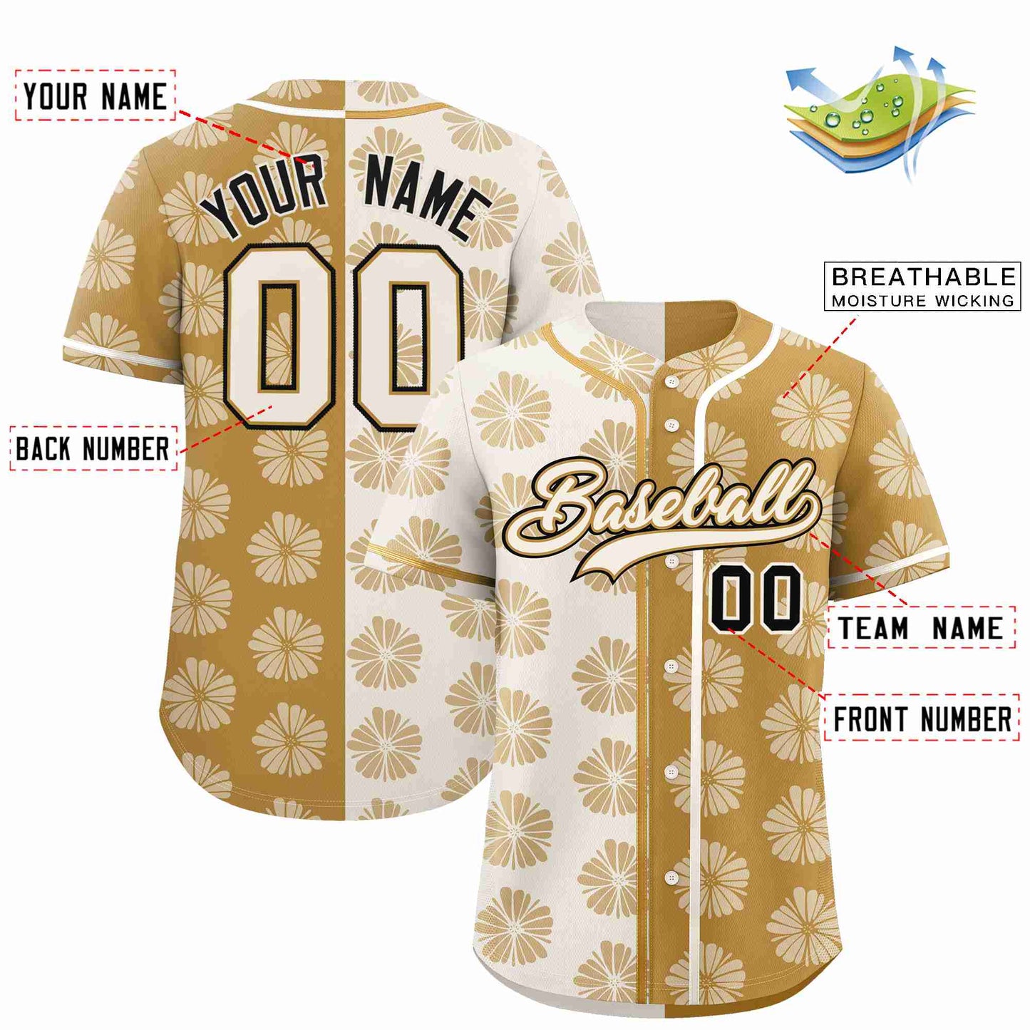 Custom Cream Old Gold Split Fashion Flower Graffiti Pattern Authentic Baseball Jersey