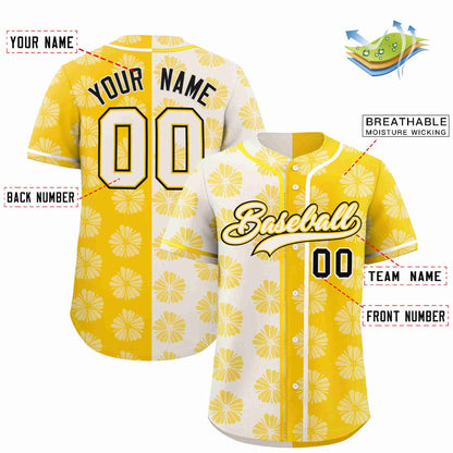 Custom Cream Gold Split Fashion Flower Graffiti Pattern Authentic Baseball Jersey