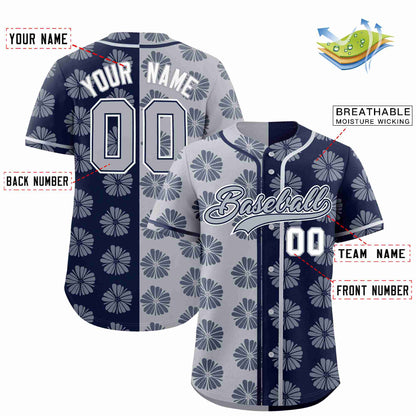 Custom Light Gray Navy Split Fashion Flower Graffiti Pattern Authentic Baseball Jersey