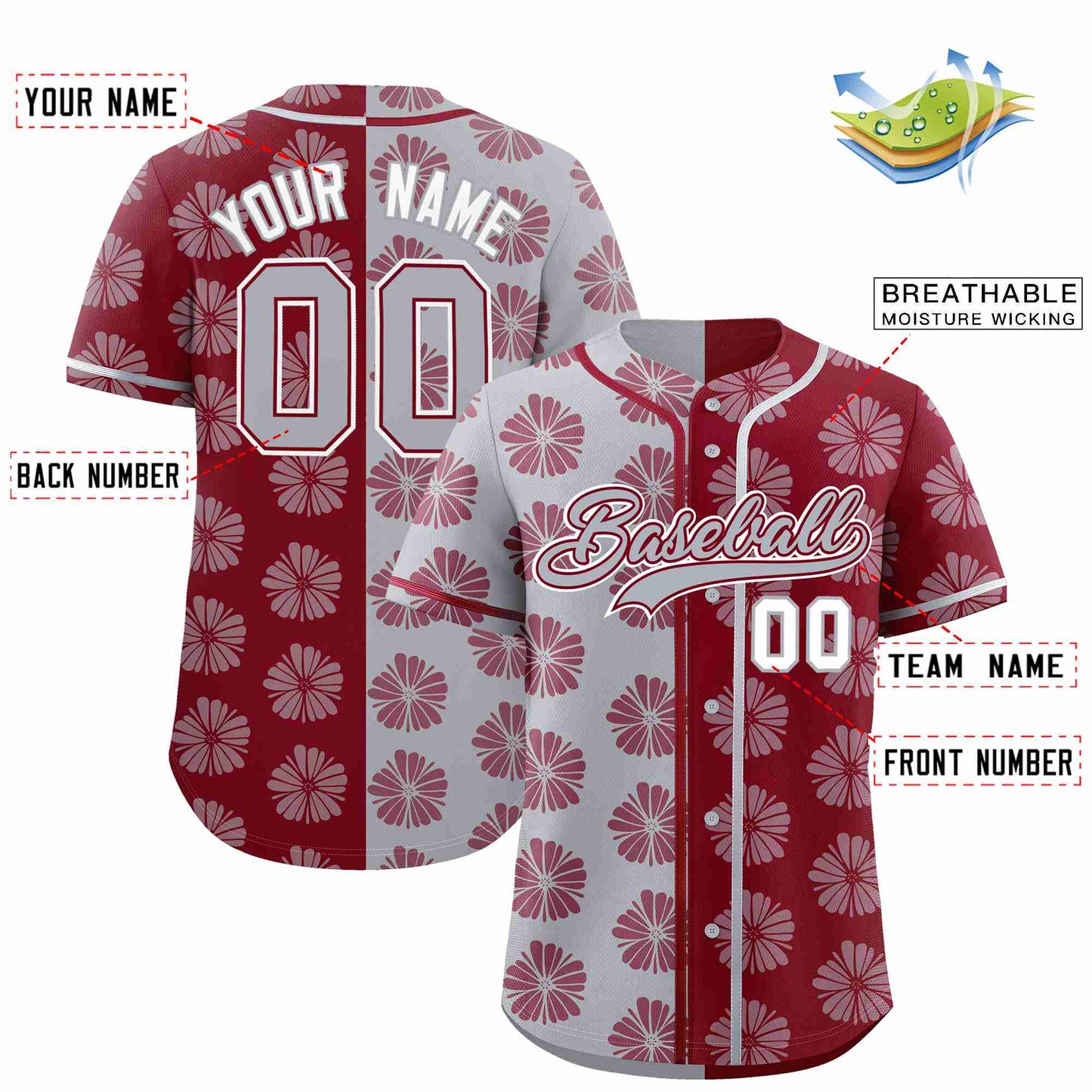 Custom Light Gray Crimson Split Fashion Flower Graffiti Pattern Authentic Baseball Jersey