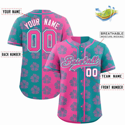 Custom Pink Aqua Split Fashion Flower Graffiti Pattern Authentic Baseball Jersey