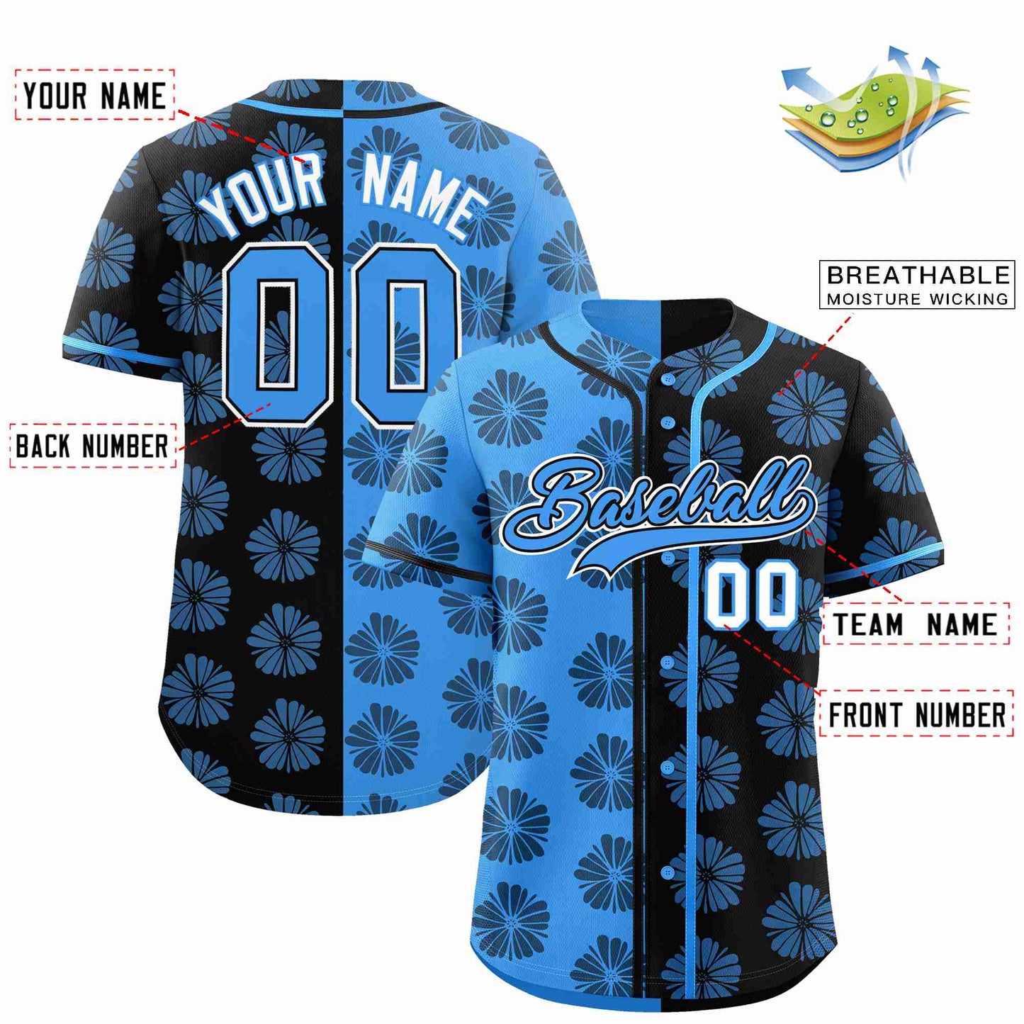 Custom Powder Blue Black Split Fashion Flower Graffiti Pattern Authentic Baseball Jersey