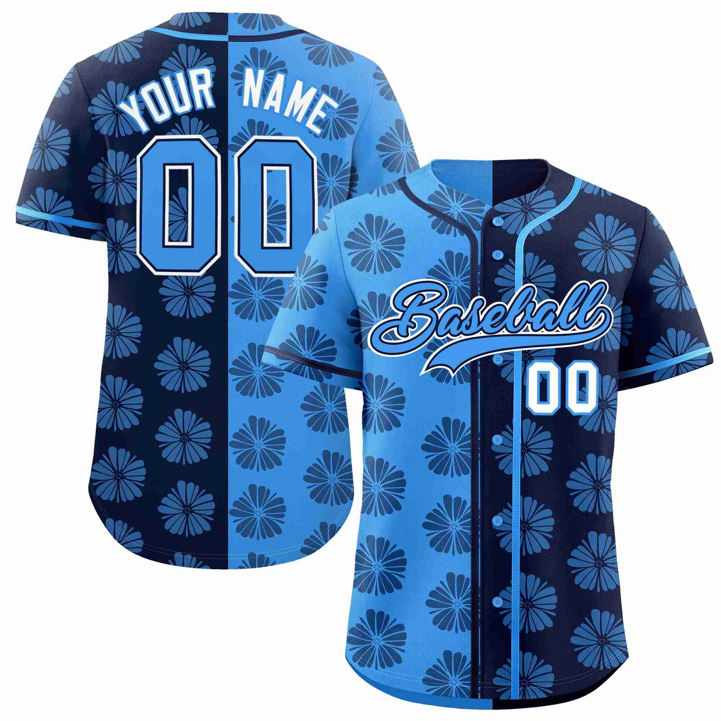 Custom Powder Blue Navy Split Fashion Flower Graffiti Pattern Authentic Baseball Jersey