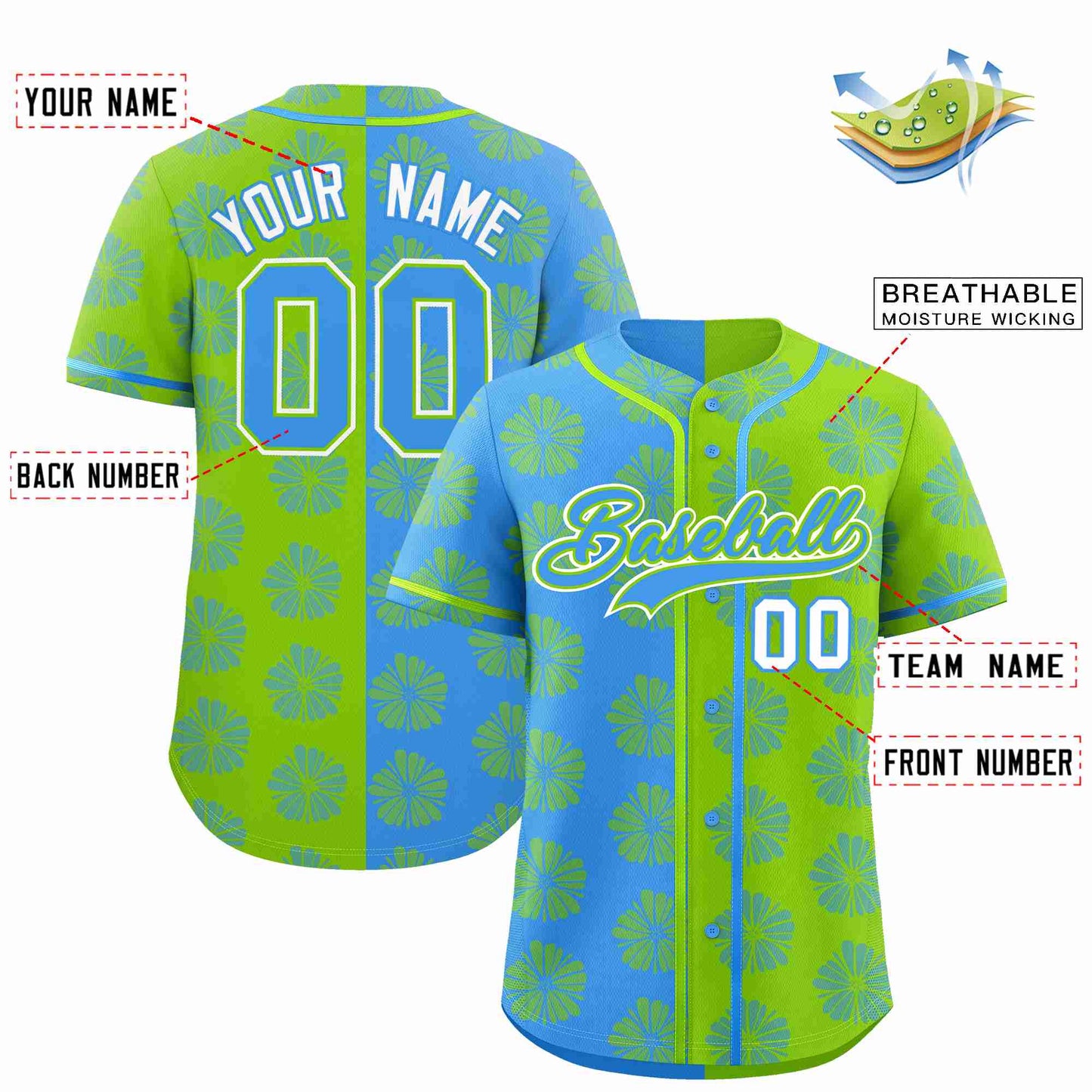 Custom Powder Blue Neon Green Split Fashion Flower Graffiti Pattern Authentic Baseball Jersey