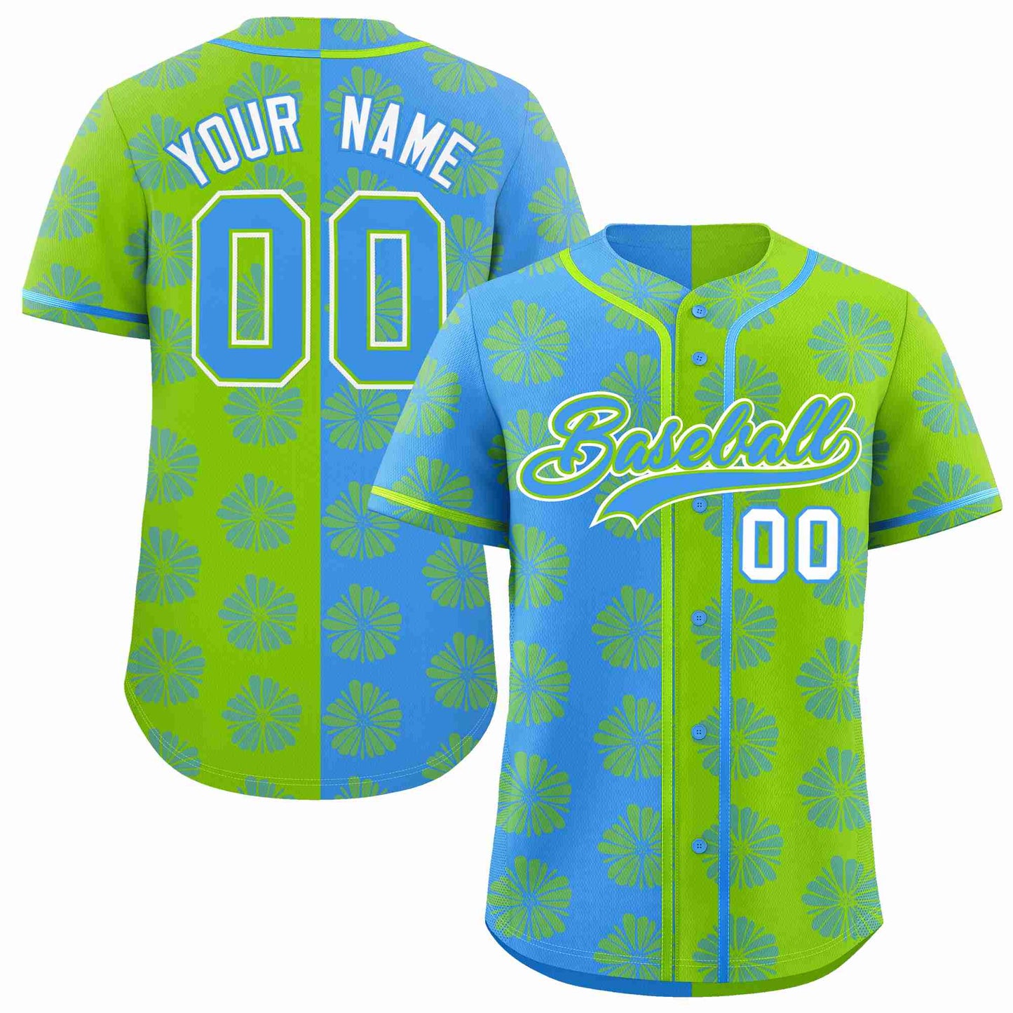 Custom Powder Blue Neon Green Split Fashion Flower Graffiti Pattern Authentic Baseball Jersey