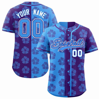 Custom Powder Blue Purple Split Fashion Flower Graffiti Pattern Authentic Baseball Jersey