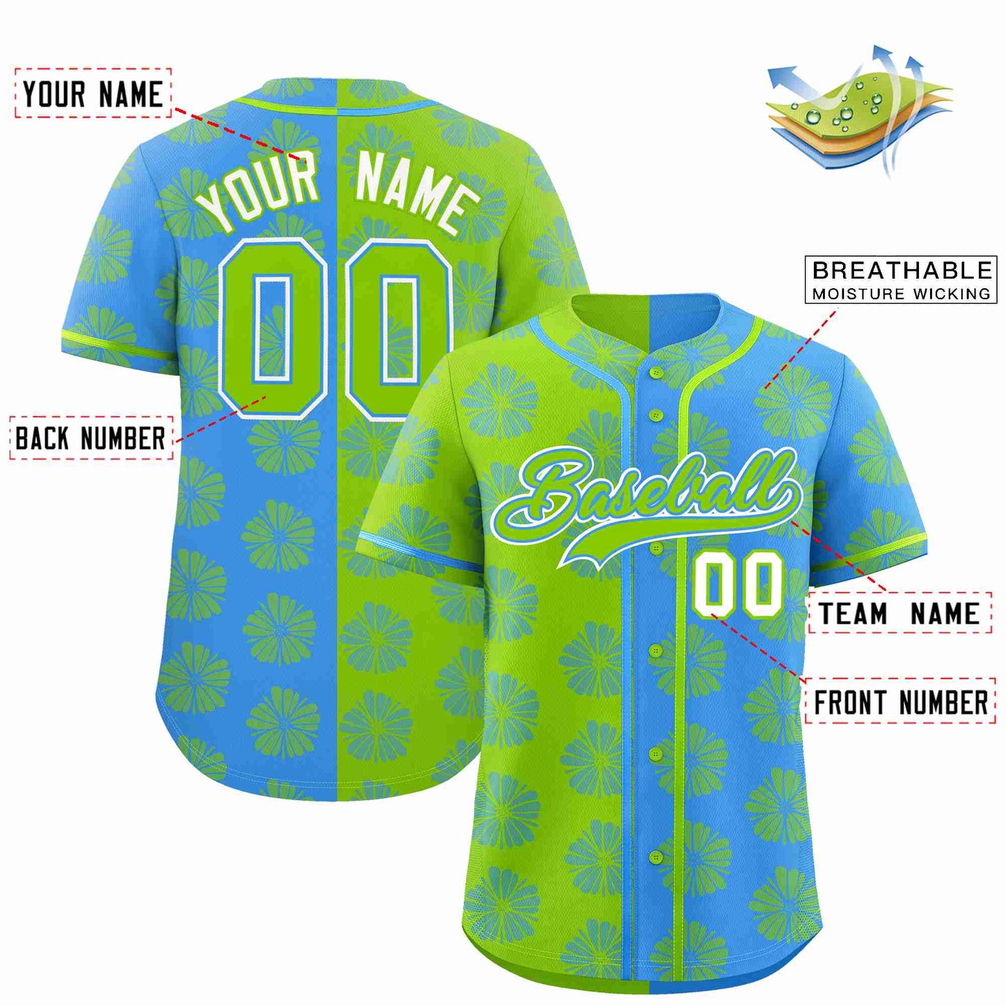 Custom Neon Green Powder Blue Split Fashion Flower Graffiti Pattern Authentic Baseball Jersey