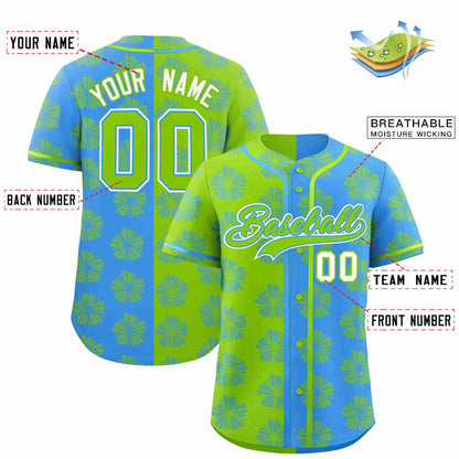 Custom Neon Green Powder Blue Split Fashion Flower Graffiti Pattern Authentic Baseball Jersey