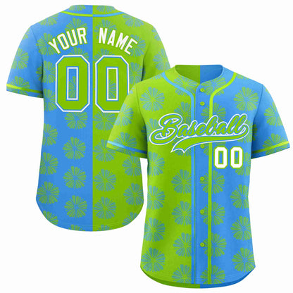 Custom Neon Green Powder Blue Split Fashion Flower Graffiti Pattern Authentic Baseball Jersey