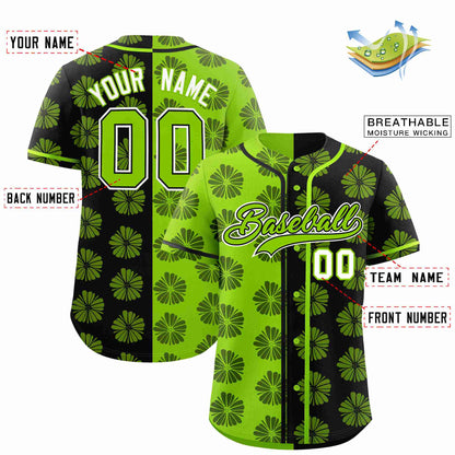 Custom Neon Green Black Split Fashion Flower Graffiti Pattern Authentic Baseball Jersey