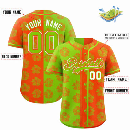 Custom Neon Green Orange Split Fashion Flower Graffiti Pattern Authentic Baseball Jersey