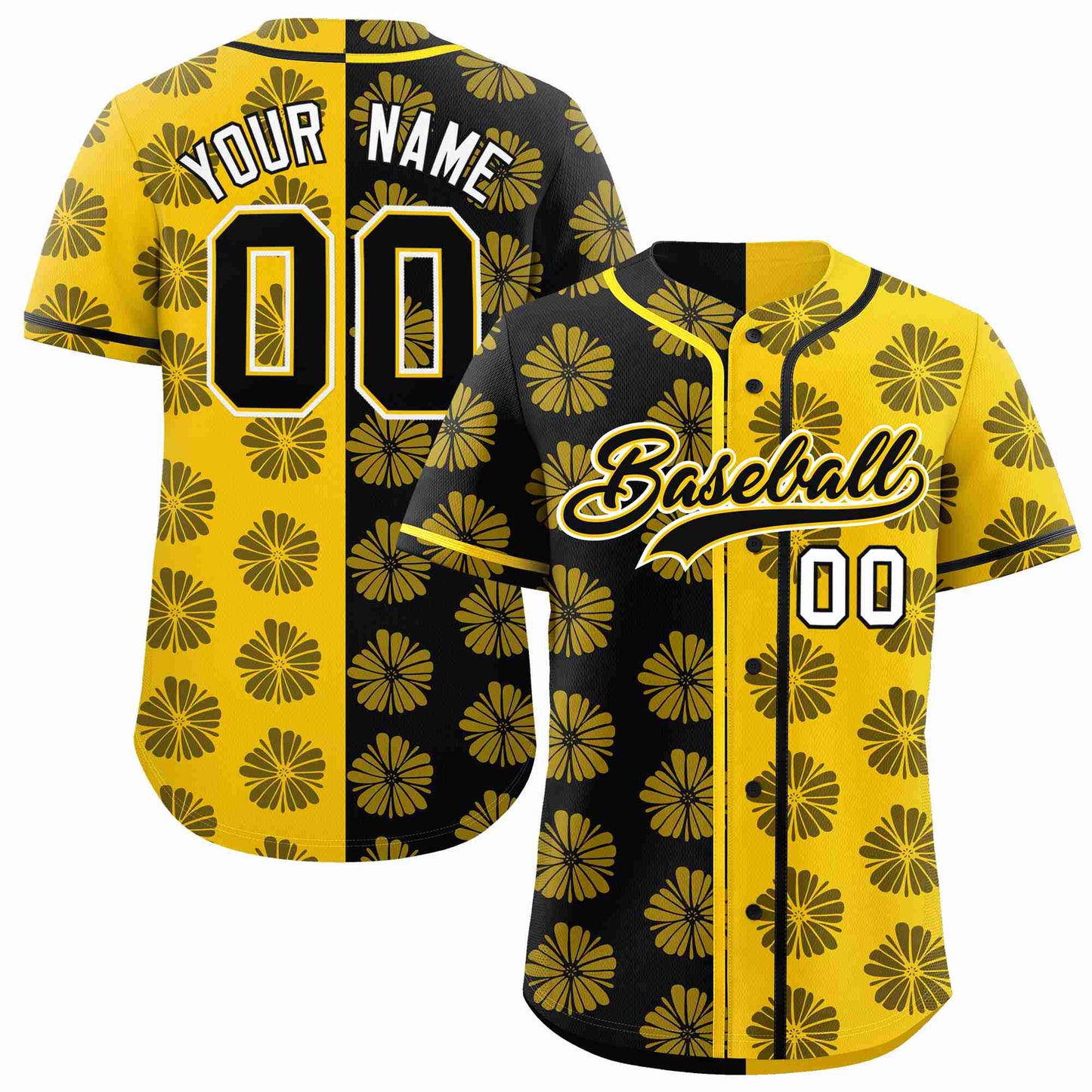 Custom Black Gold Split Fashion Flower Graffiti Pattern Authentic Baseball Jersey