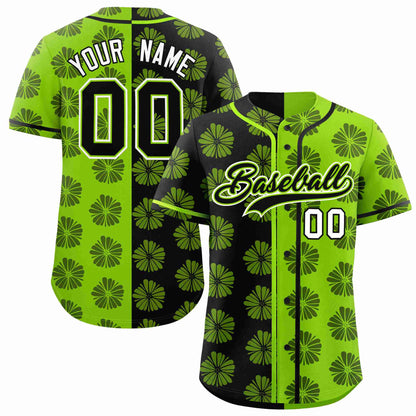 Custom Black Neon Green Split Fashion Flower Graffiti Pattern Authentic Baseball Jersey