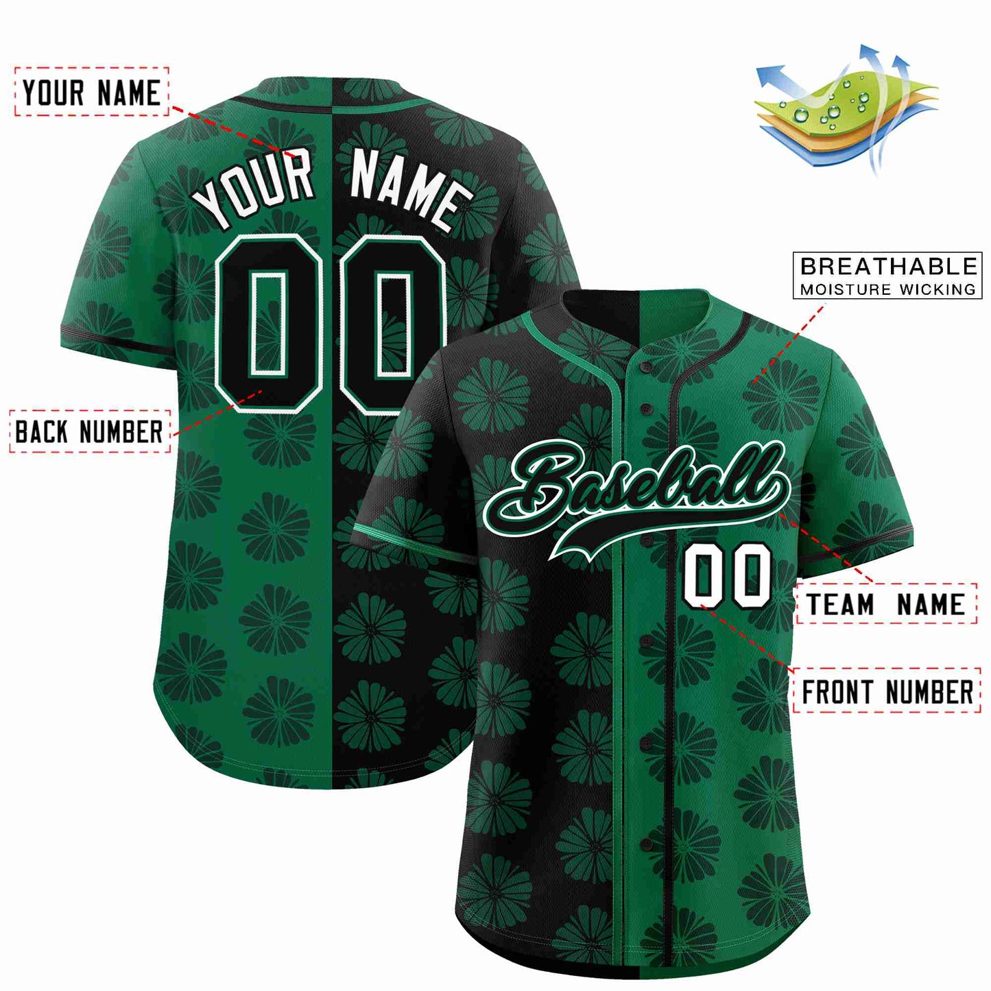 Custom Black Kelly Green Split Fashion Flower Graffiti Pattern Authentic Baseball Jersey