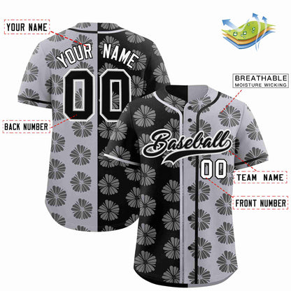 Custom Black Light Gray Split Fashion Flower Graffiti Pattern Authentic Baseball Jersey